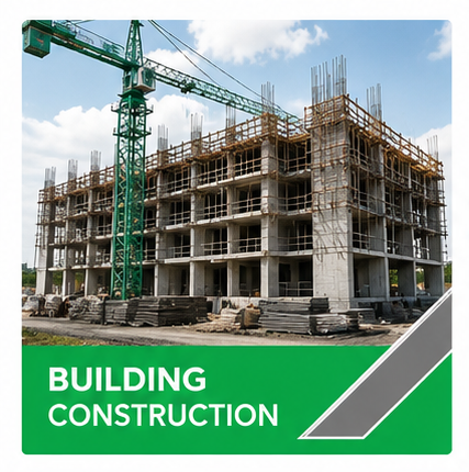 Building construction project with concrete structure and tower crane