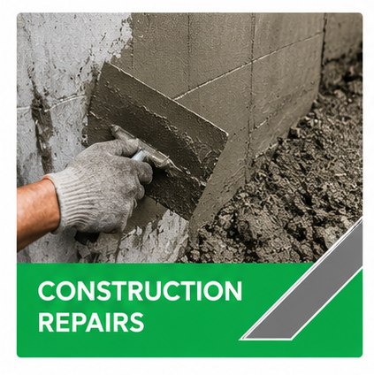 Construction repair work on a damaged concrete wall